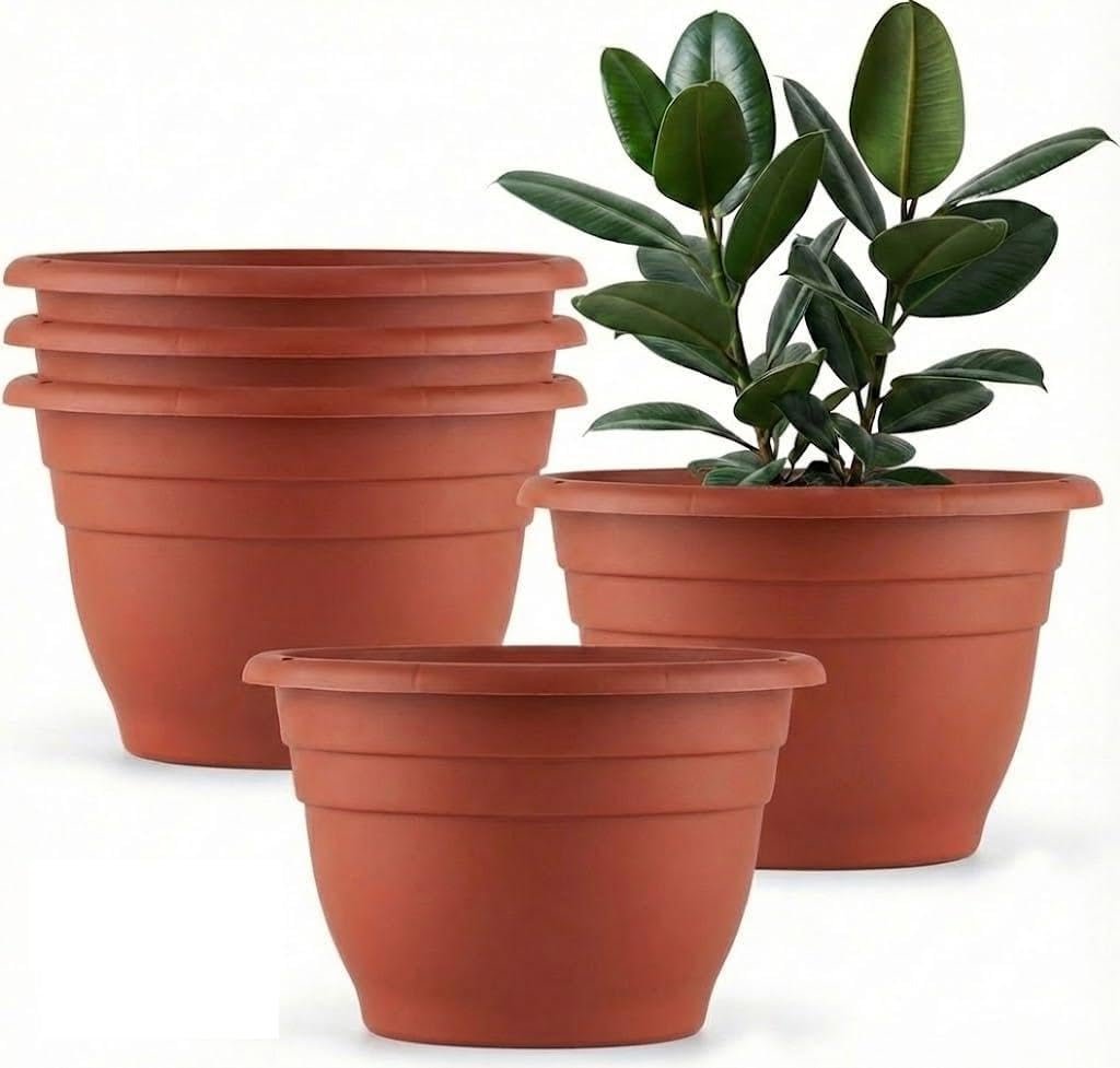 5 Pack 10 Inch Plant Pots Lightweight Planters with Drainage Holes,Durable Indoor & Outdoor Flower Pots for Garden,Patio & Home Decor(Pottery Red) - Image 2