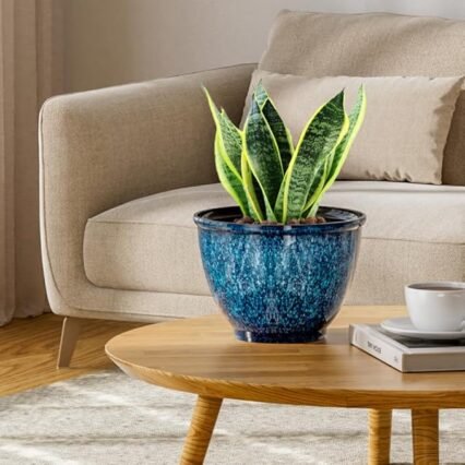 8 Inch Glazed Plastic Plant Pots, Set of 4 Planters with Drainage Holes - Indoor/Outdoor Flower Pots for Succulents, Herbs, Home Decor(Blue)