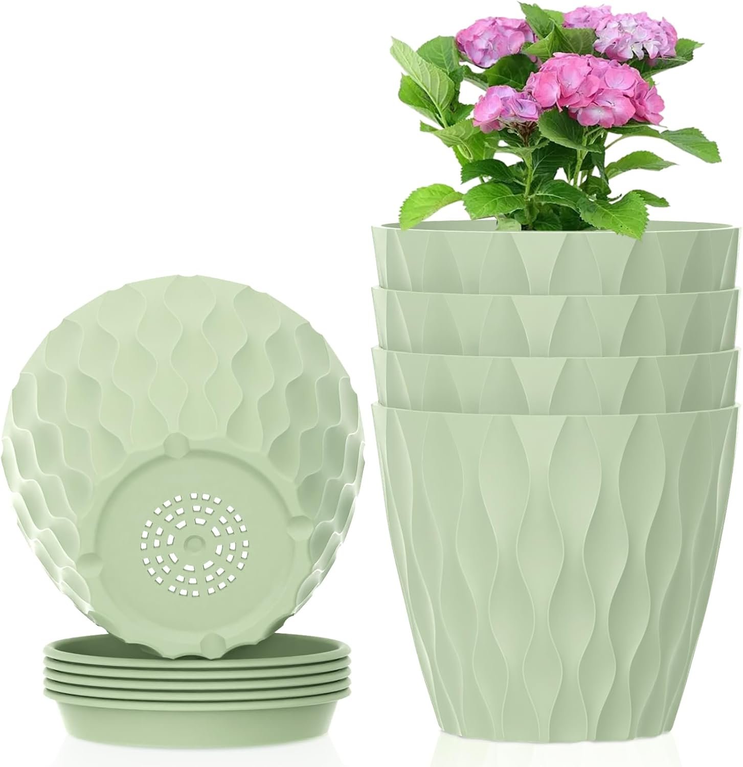 4 inch Small Plastic Nursery Pots, 5 Pack Water Ripples Plant Pots for Indoor Plants, Flower Pots with Drainage Holes and Saucers, Seeding Starter Planters for Decorative, Green - Image 2