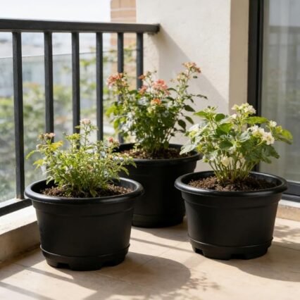 5 Pack 10.5 inch Plant Pots, Plastic Flower Pot | Indoor Outdoor Plants, Drainage Holes & Trays, Decorative Garden Containers Sets, Houseplants