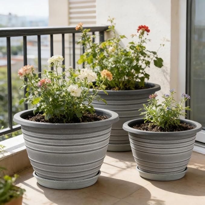 12 Inch Plant Pots, 6-Pack Plastic Woven Look Ripples Planters with Drain Holes & Trays, Retro Design Flower Pots for Indoor and Outdoor Plants - Image 2