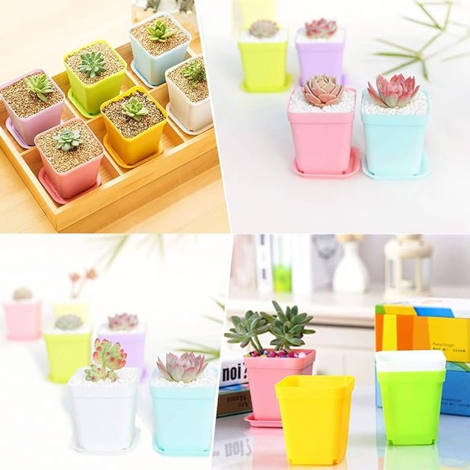 24 Pack Colorful Flower Pots Square Plastic Plant Pots Succulent Planter Nursery Pots with Saucers for Your Room,Garden Office and Balcony Decor - Image 2