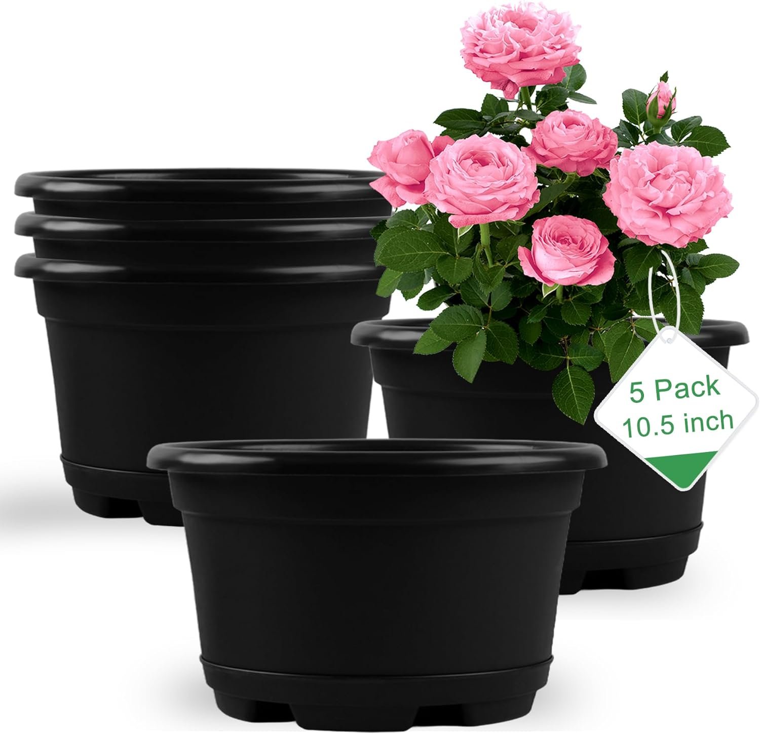 5 Pack 10.5 inch Plant Pots, Plastic Flower Pot | Indoor Outdoor Plants, Drainage Holes & Trays, Decorative Garden Containers Sets, Houseplants - Image 2