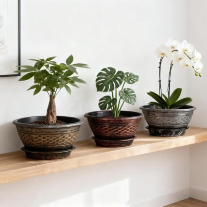 12 Inch Plant Pots, 6-Pack Plastic Woven Look Ripples Planters with Drain Holes & Trays, Retro Design Flower Pots for Indoor and Outdoor Plants