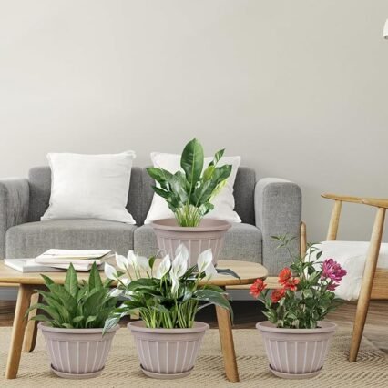 10 Inch Plant Pots,4 Pack Flower Pot,Planters Pot with Drainage Hole | Modern Planters for Outdoor Plants with Saucer,Decorative Resin Garden Pots for Outdoor Indoor Home Plants (Beige)
