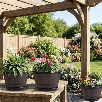 10-inch-Pots-for-Plant-Outdoor, 4 Pack Plastic Whiskey Barrel Planters Plant Pots with Drainage Hole & Saucer, Decorative Indoor Flower Pot for House Garden Porch